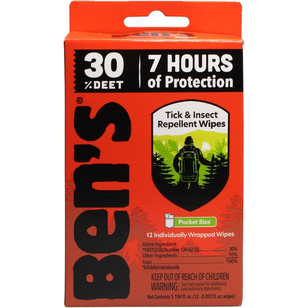Ben's 30 percent DEET mosquito tick and insect repellent wipes front packaging view