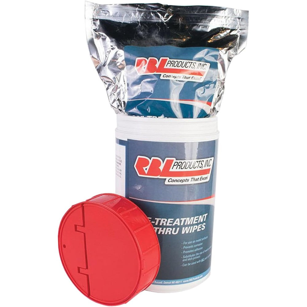 RBL Products 5001 Pre-Treatment Cut Thru Wipes canister front view for automotive surface prep