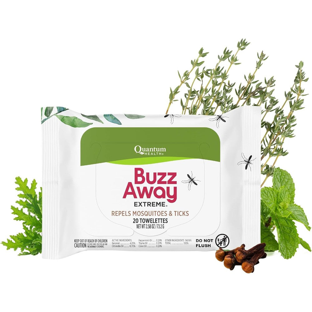 Quantum Health Buzz Away Extreme DEET Free Insect Repellent Wipes front view box packaging
