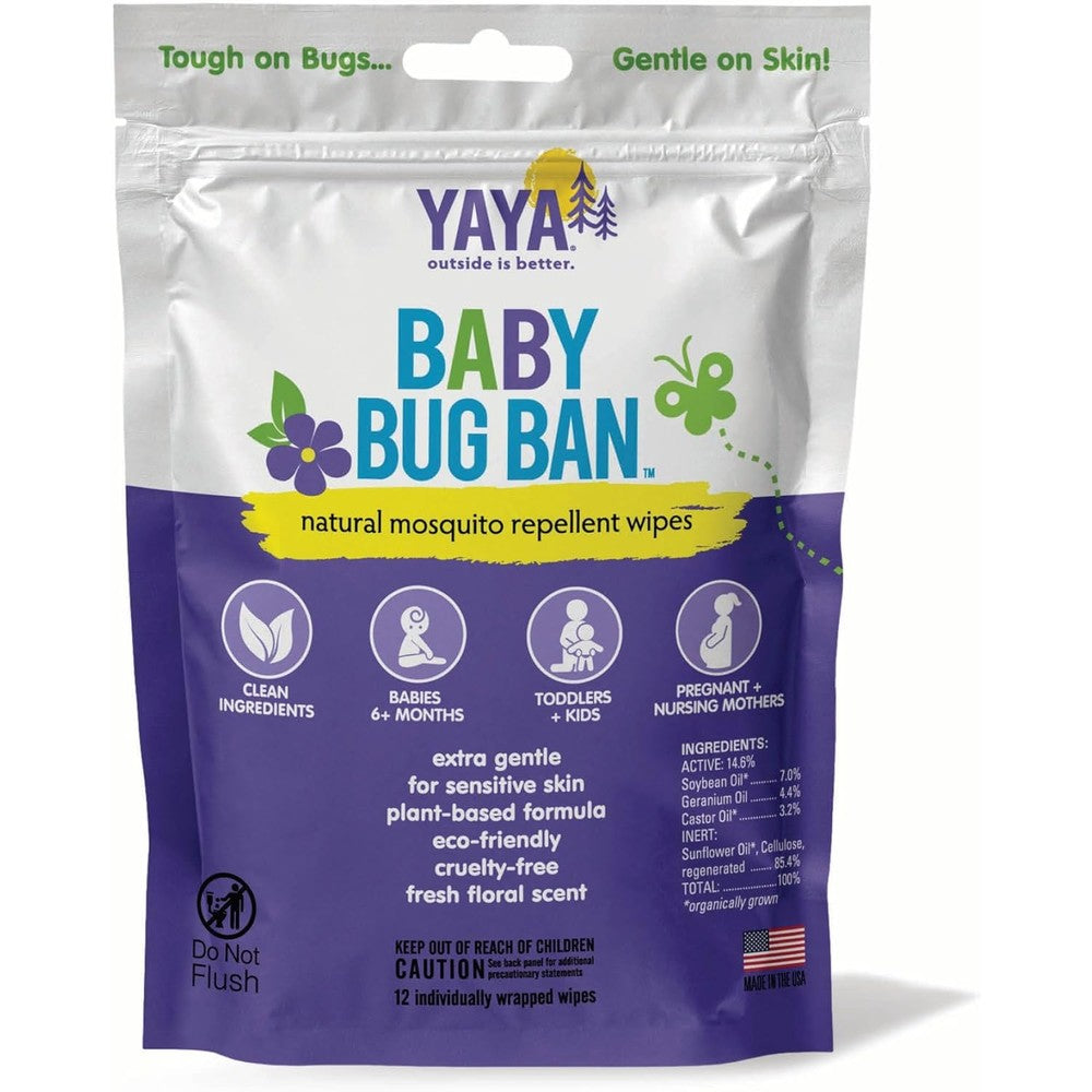 YAYA ORGANICS Baby Bug BAN Insect Repellent Wipes front view packaging showcasing natural mosquito defense