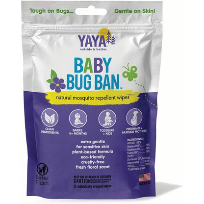 YAYA ORGANICS Baby Bug BAN Insect Repellent Wipes front view packaging showcasing natural mosquito defense