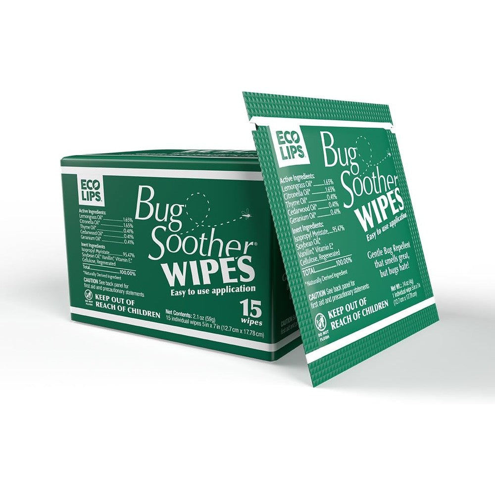 Bug Soother Natural Insect Repellent Wipes 15 count pack front view showing the lemongrass vanilla mosquito protection packaging.