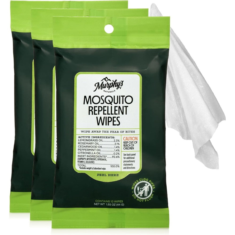 Murphys Naturals Mosquito Repellent Wipes front view of the resealable pack showcasing natural plant based ingredients.