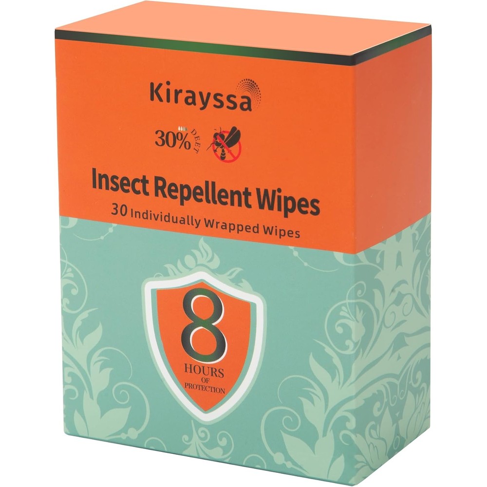 Kirayssa Insect Repellent Wipes front packaging box showing 30 individually wrapped wipes with 30 percent DEET