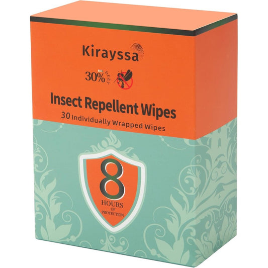 Kirayssa Insect Repellent Wipes front packaging box showing 30 individually wrapped wipes with 30 percent DEET