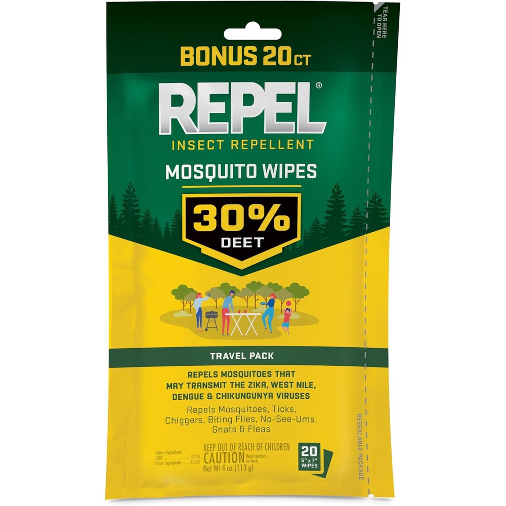 Repel Insect Repellent Mosquito Wipes front view showing 30 percent DEET travel pack packaging