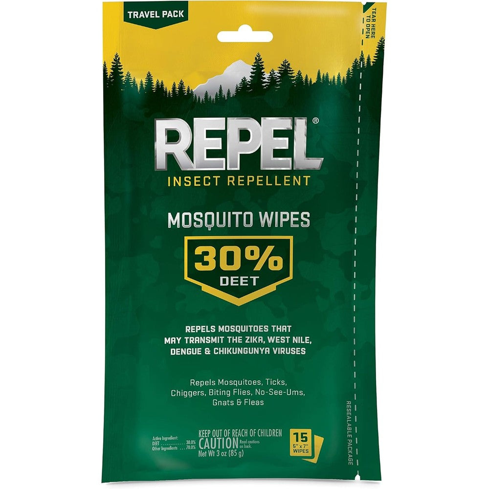 Repel Insect Repellent Mosquito Wipes 15 count front view pouch packaging