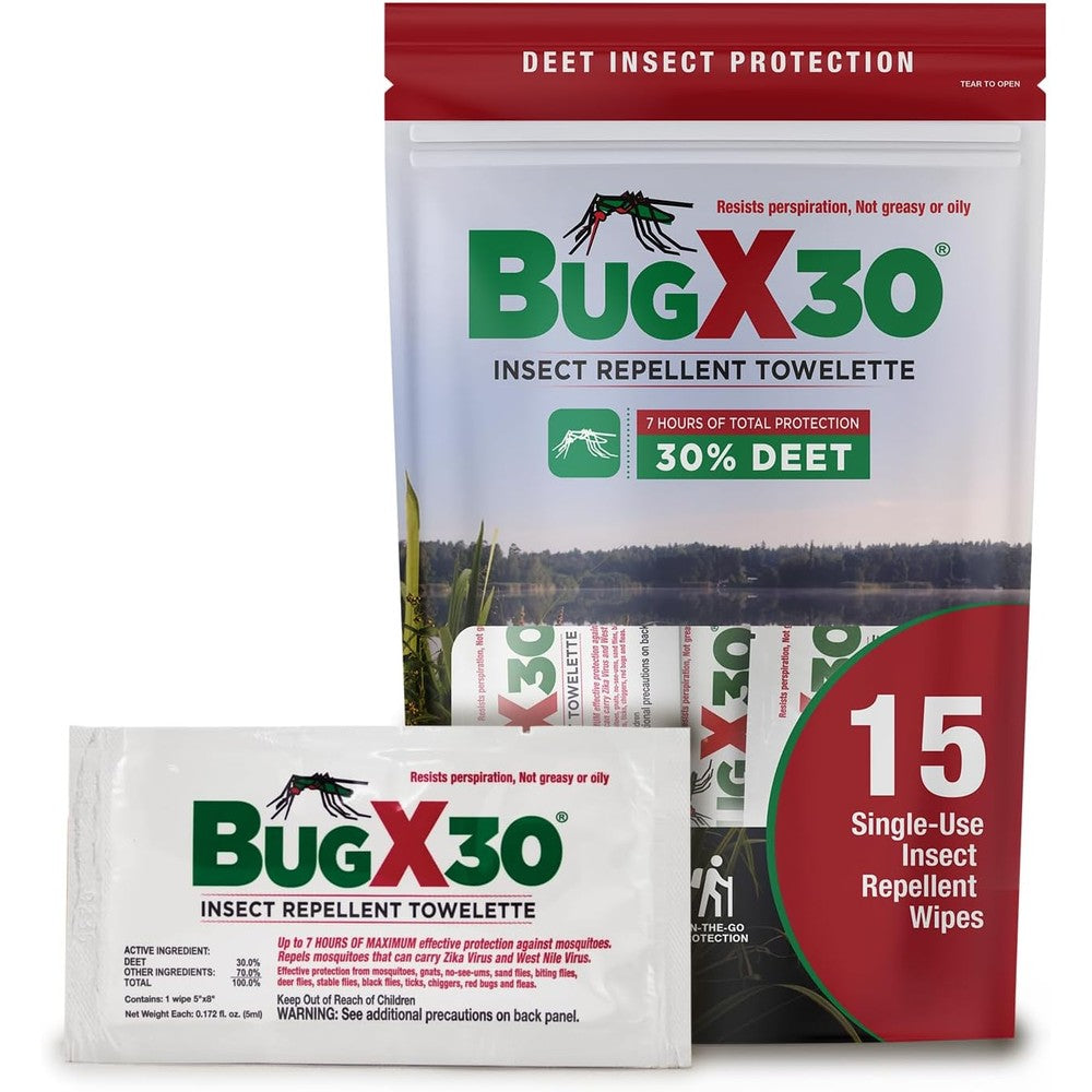 CoreTex Bug X 30 Mosquito Repellent Wipes front packaging showcasing fifteen single use towelettes