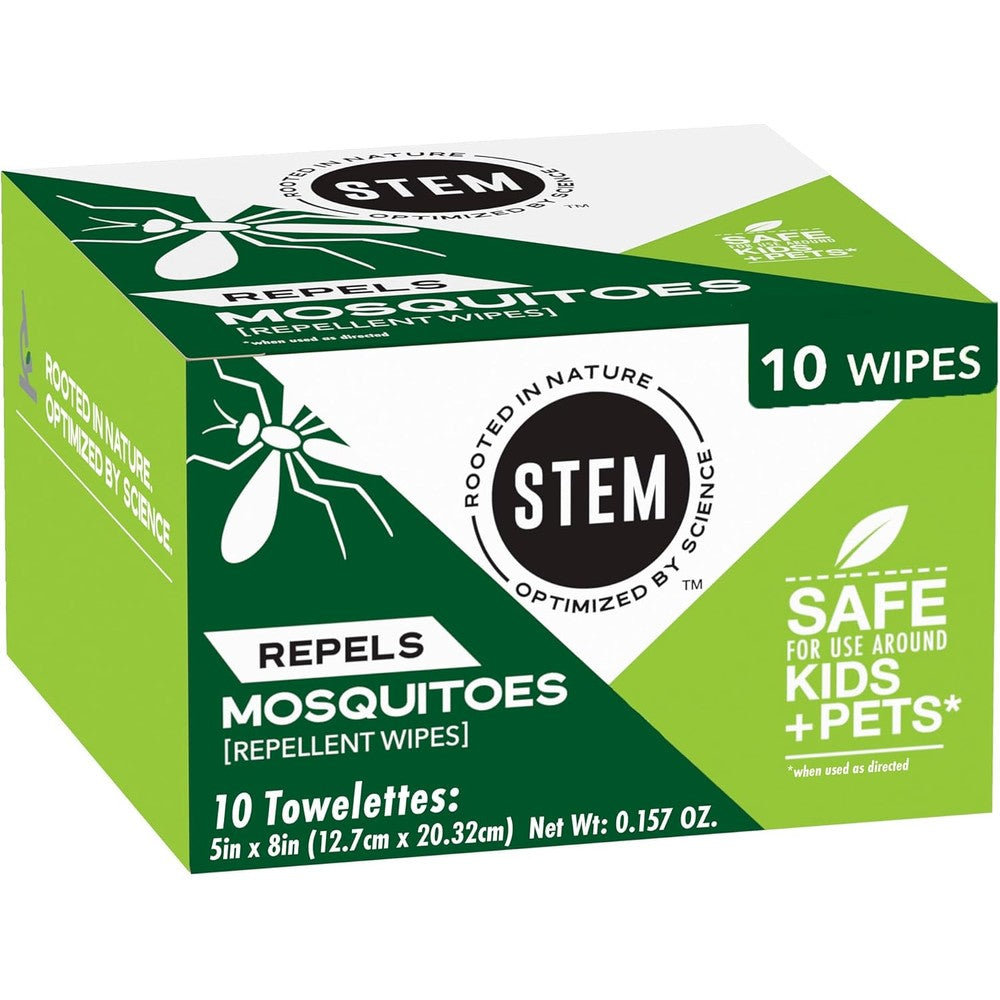 STEM Mosquito and Tick Repellent Wipes 10 Count front packaging view showcasing botanical extracts logo.