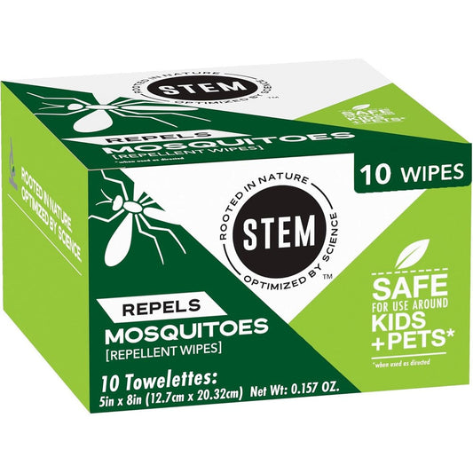 STEM Mosquito and Tick Repellent Wipes 10 Count front packaging view showcasing botanical extracts logo.