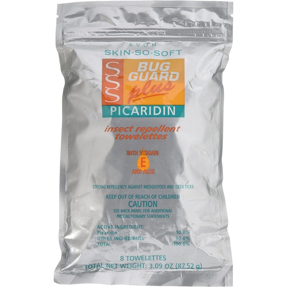Avon Skin So Soft Bug Guard Plus Picaridin Towelettes front view resealable pack of insect repellent wipes