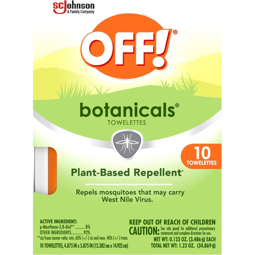 OFF! Botanicals Insect Repellent Wipes 10 Count box front view for plant-based mosquito protection.