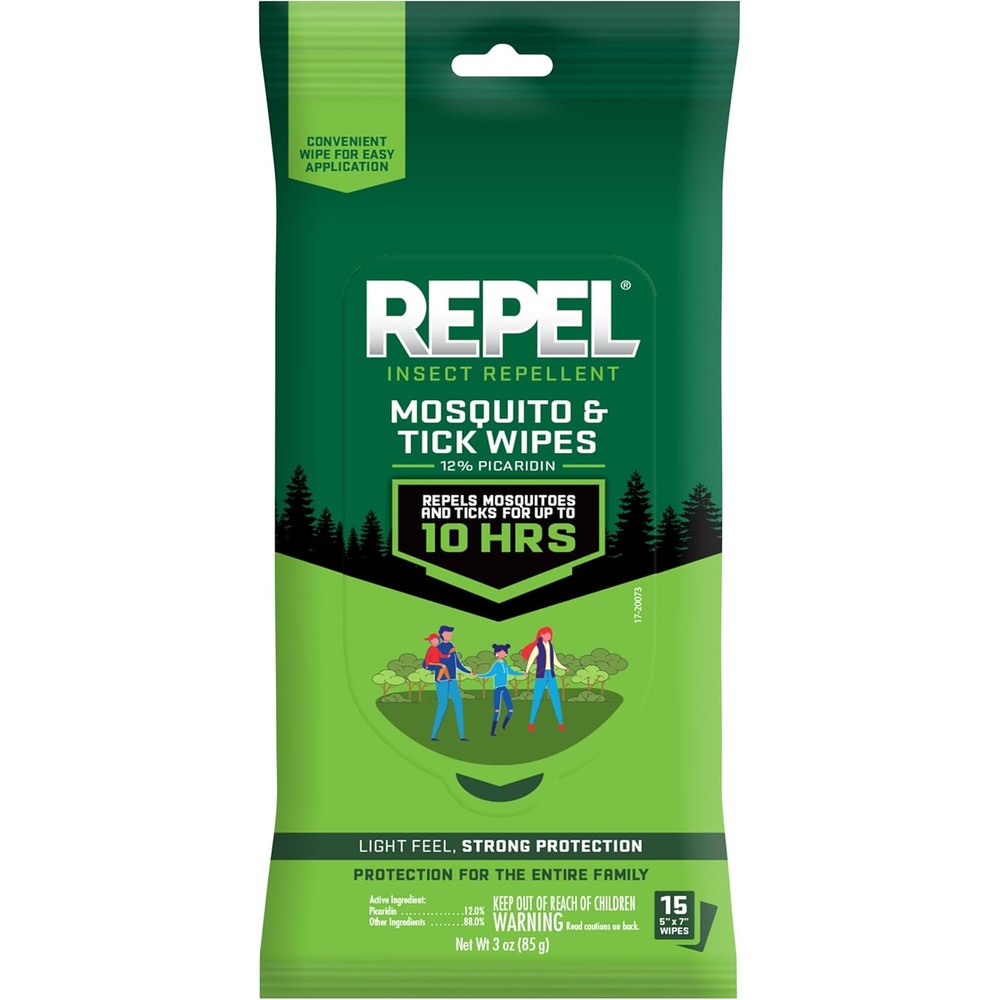 Repel Insect Repellent Mosquito and Tick Wipes front package view showcasing travel friendly fifteen count pouch.