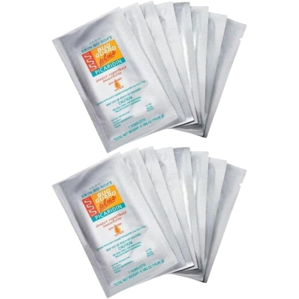Avon Skin So Soft Bug Guard Plus Picaridin Towelettes front packaging showcasing the sixteen packets count