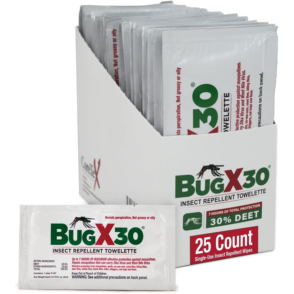 CoreTex Bug X 30 insect repellent wipes box front view showing twenty five count packaging