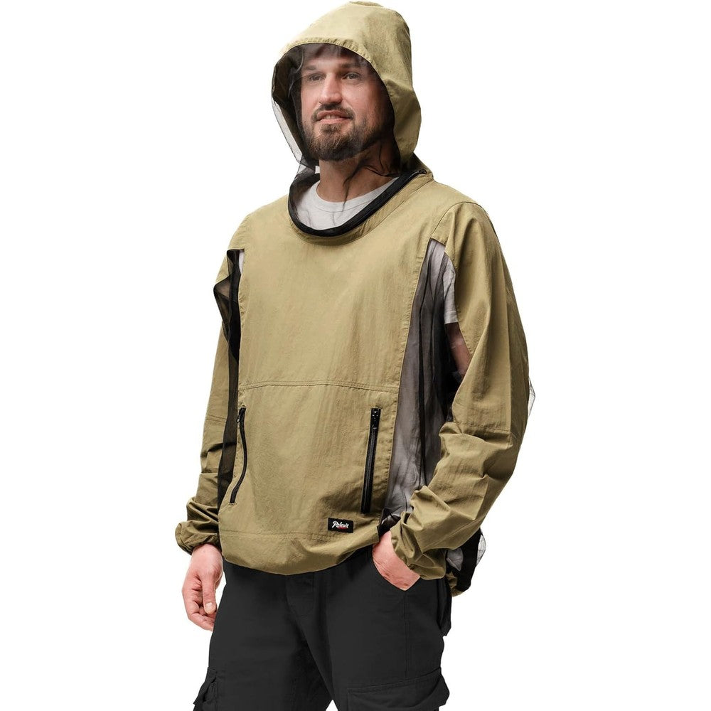 Relexit mosquito jacket front view showing khaki brown mesh construction