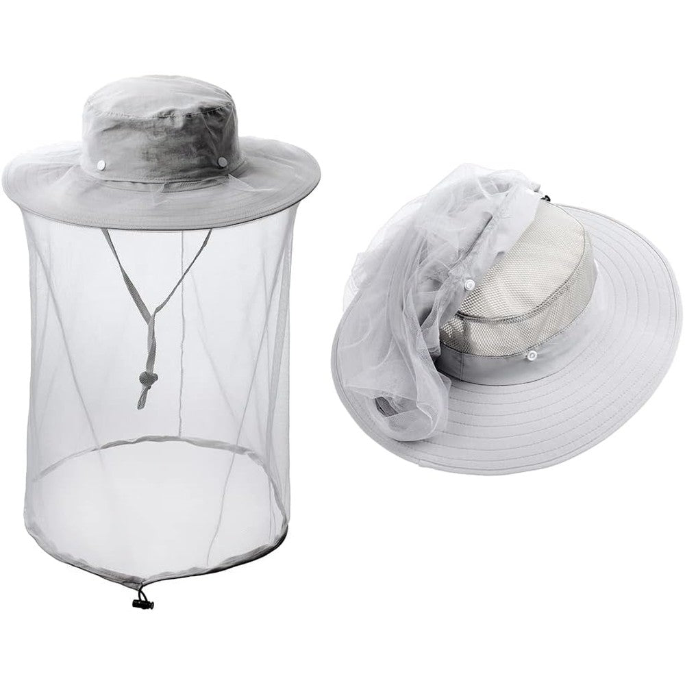 Zffxh mosquito head net hat front view with mesh veil deployed.