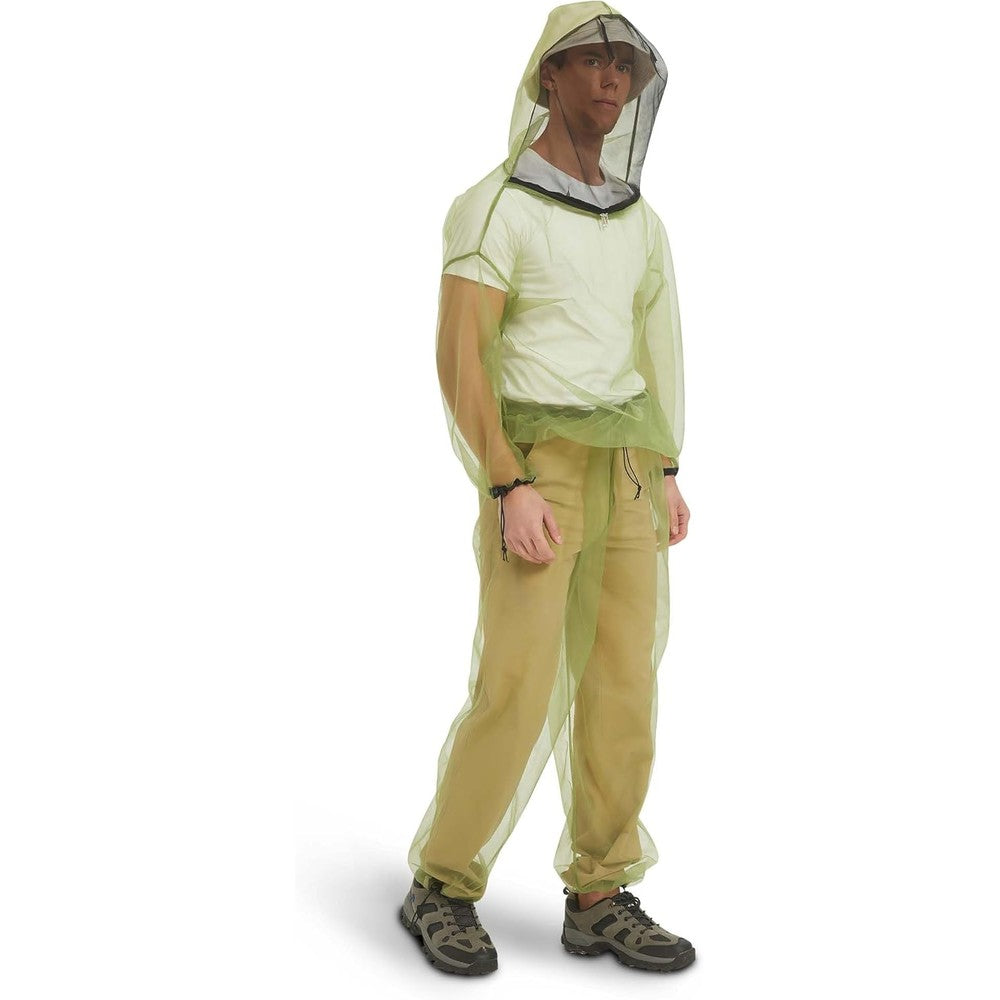 Hennchee mosquito suit front view showing hooded jacket and pants mesh design