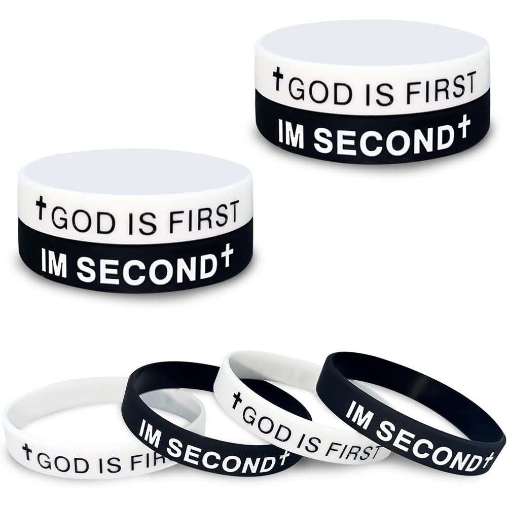 CITYBAN God Is First Im Second Silicone Wristband front view showing white embossed cross and text on black rubber band.