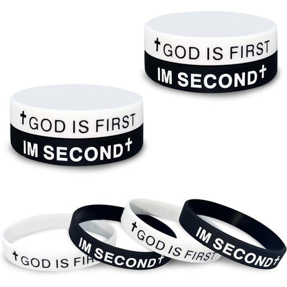 CITYBAN God Is First Im Second Silicone Wristband front view showing white embossed cross and text on black rubber band.