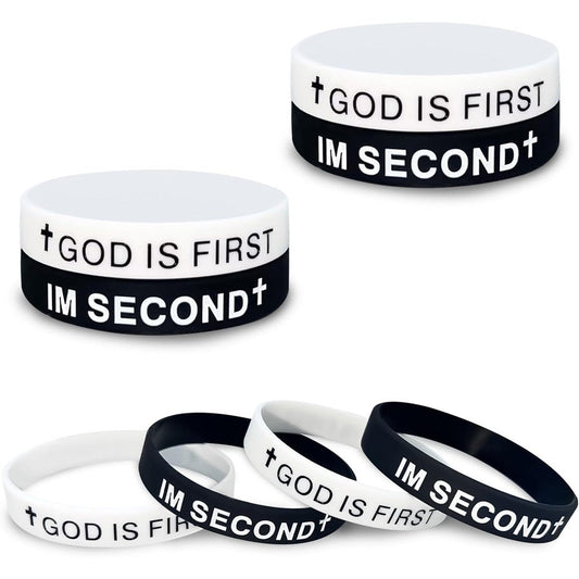 CITYBAN God Is First Im Second Silicone Wristband front view showing white embossed cross and text on black rubber band.