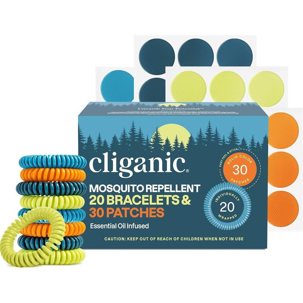 Cliganic Mosquito Repellent Bundle 20 bracelets and 30 stickers pack front view