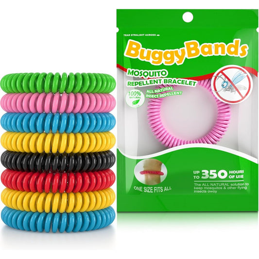 BuggyBands 12 pack mosquito repellent bracelets front view packaging