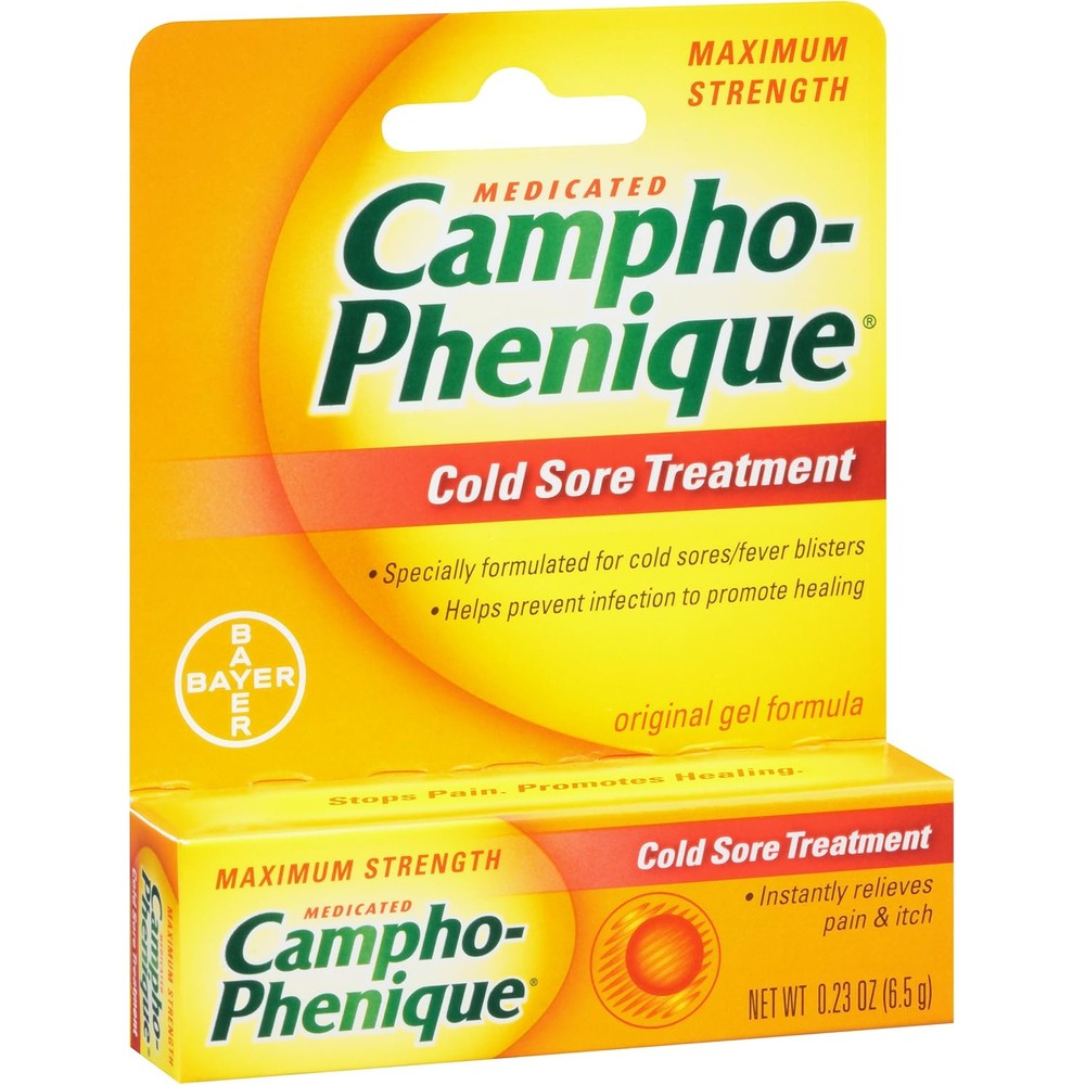 Campho-Phenique Cold Sore Treatment 0.23 Ounce medicated gel front view packaging for fast pain relief.