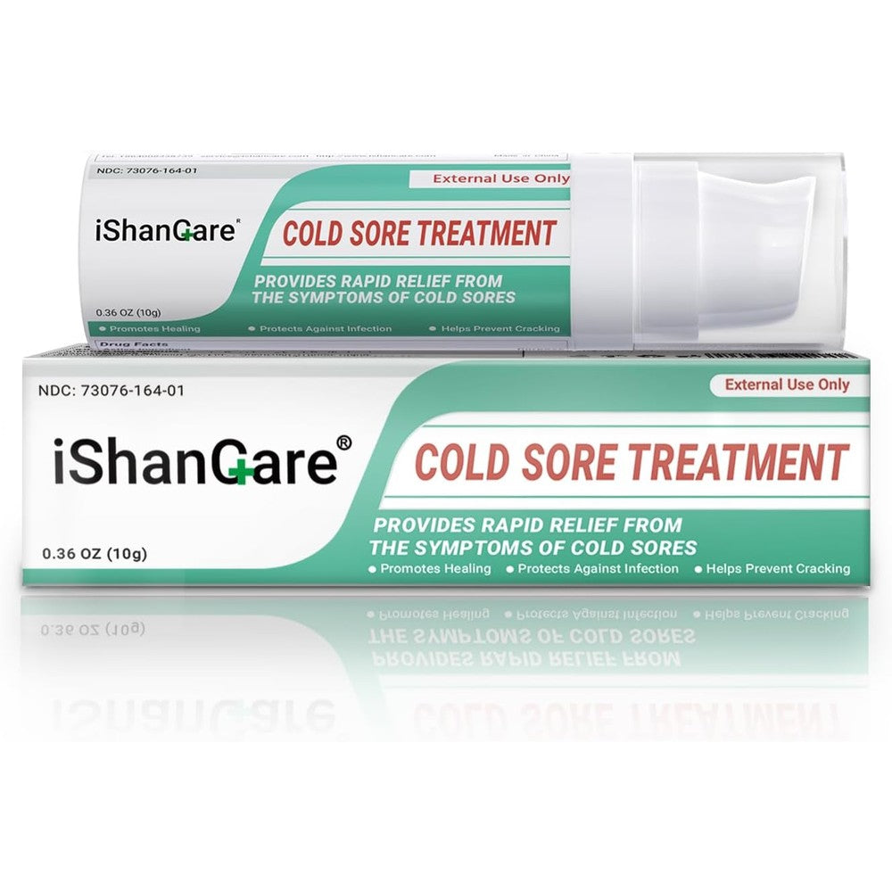 Ishancare cold sore treatment cream front view of authentic USA packaging