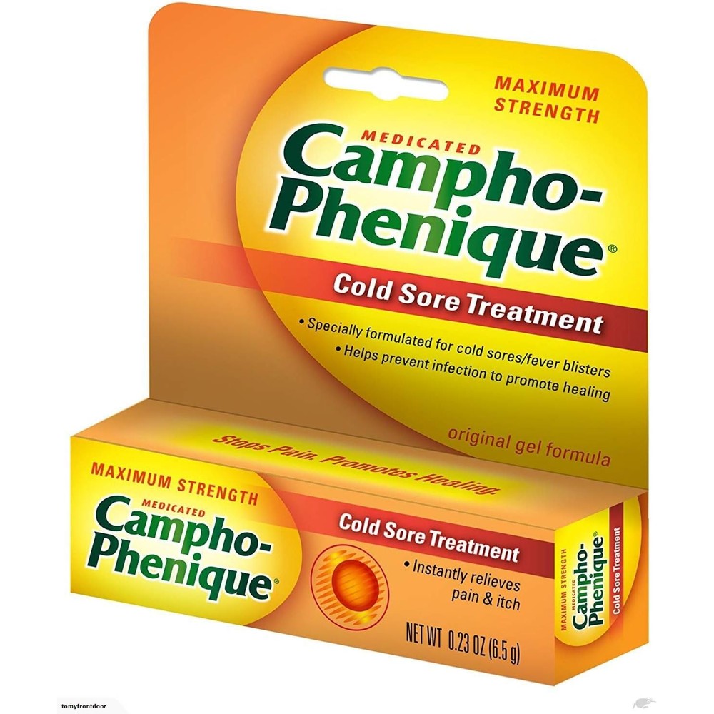 Campho-Phenique Cold Sore Treatment Original Gel Formula 0.23 Ounce front packaging for fast pain relief.