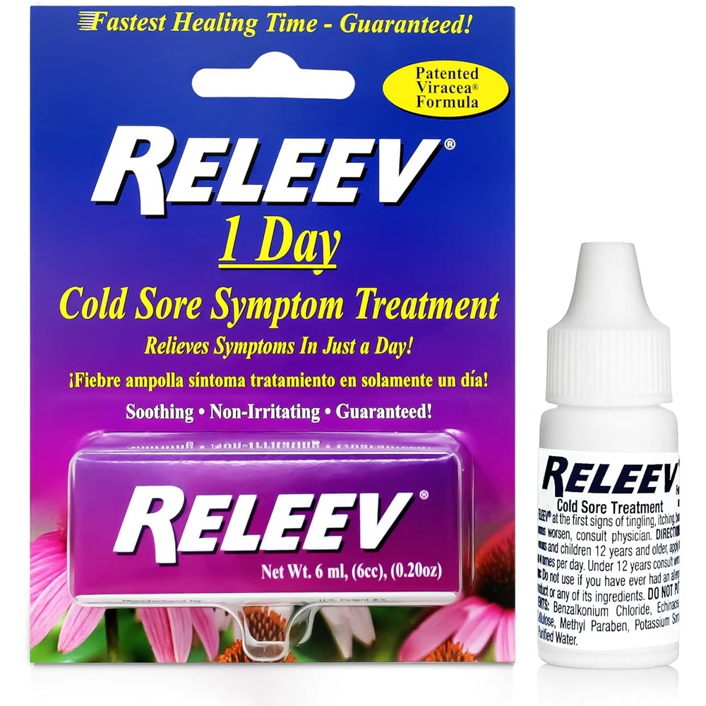 Releev 1 Day Cold Sore Symptom Treatment 6 mL front view packaging