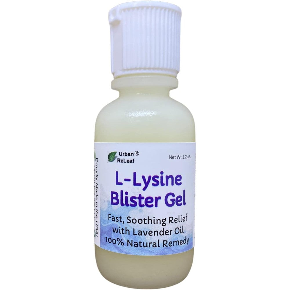 Urban ReLeaf L-Lysine Blister Soothing Gel front view showing the 1.2 ounce bottle packaging for natural skin relief.