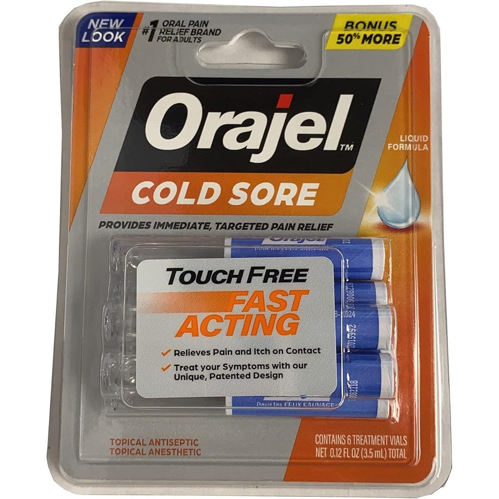 Orajel Touch Free Applicator for Cold Sores front view package showing two packs of six treatment vials