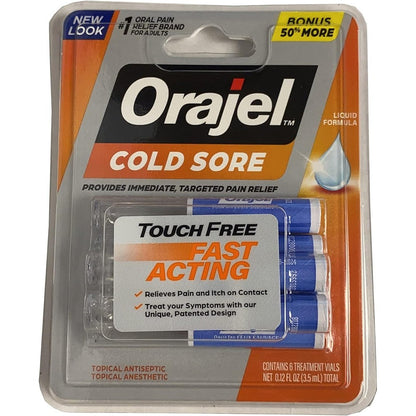 Orajel Touch Free Applicator for Cold Sores front view package showing two packs of six treatment vials