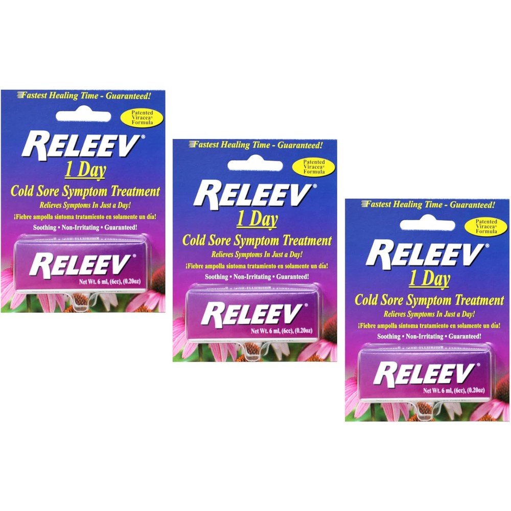 RELEEV 1 Day Cold Sore Treatment liquid pack of 3 front view for fast blister relief