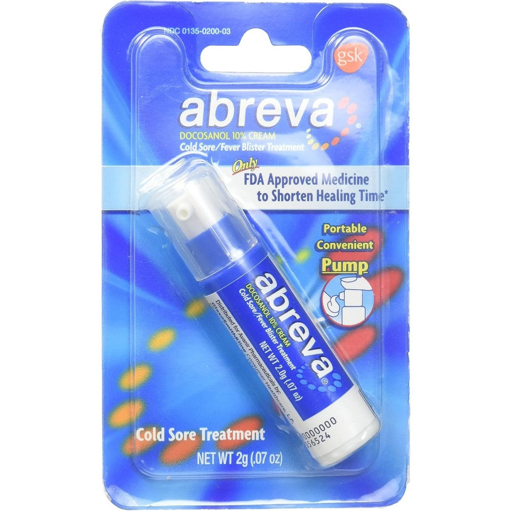 Abreva Cold Sore and Fever Blister Treatment Pump front view showcasing docosanol ten percent packaging