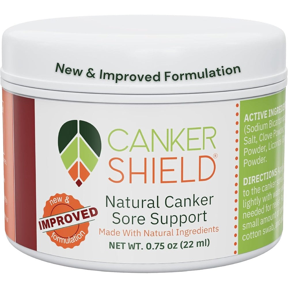 Canker Shield Natural Mouth Ulcer Relief Powder front view container for targeted oral care.
