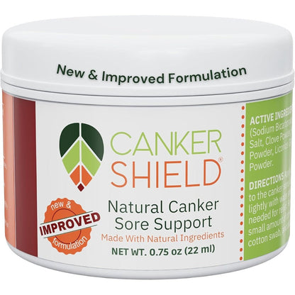 Canker Shield Natural Mouth Ulcer Relief Powder front view container for targeted oral care.