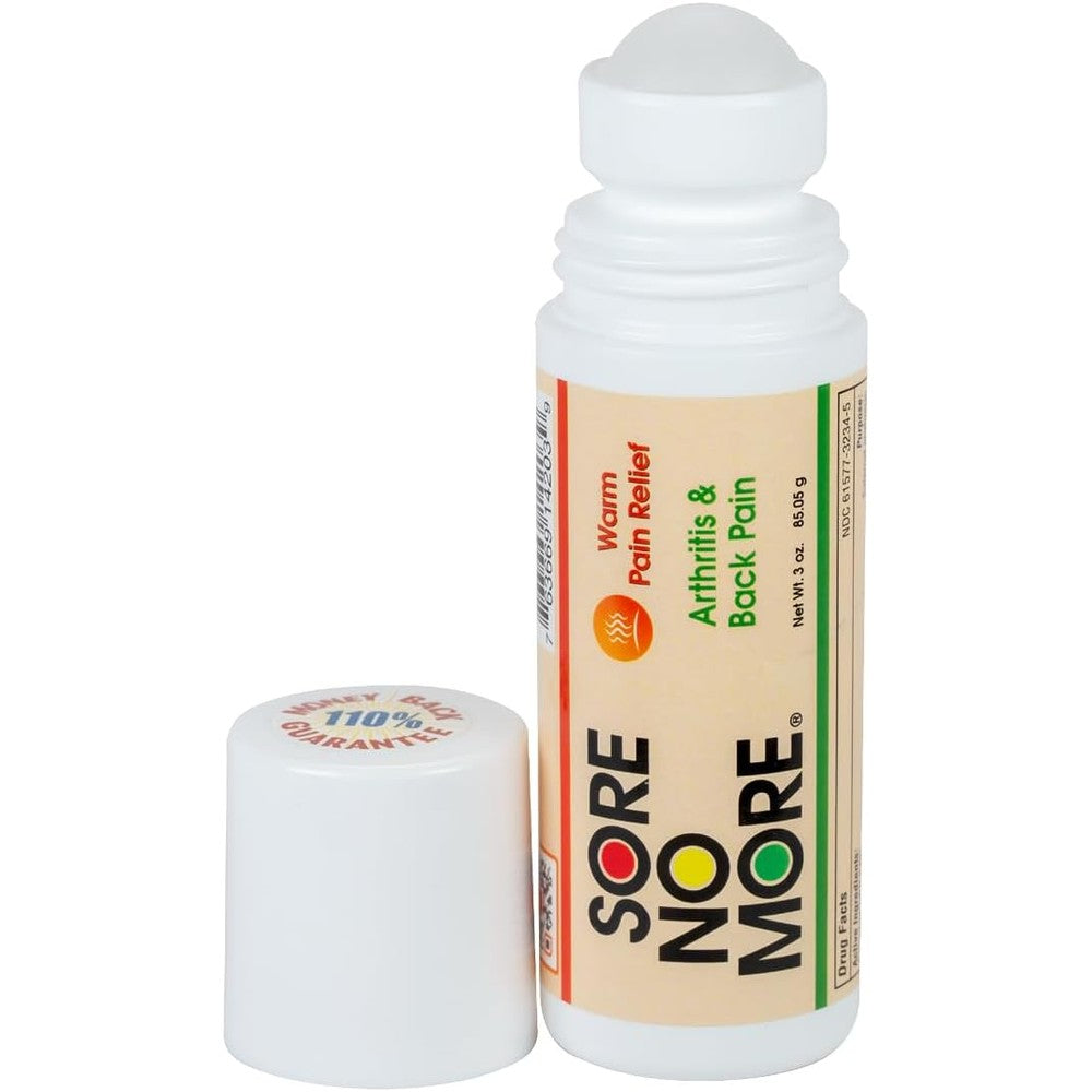Sore No More Warm Arthritis Pain Relief Roll On front view of the three ounce bottle.