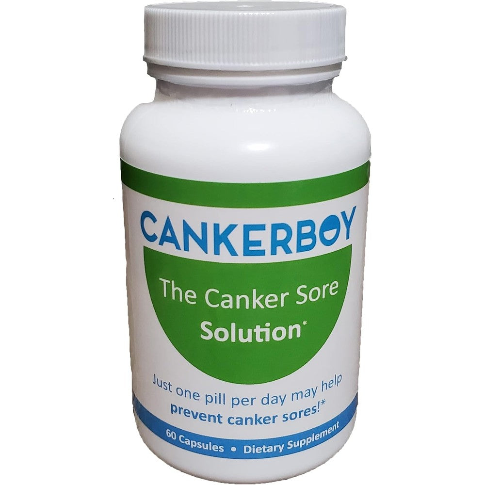 Cankerboy Canker Sore Solution sixty count bottle front view for oral ulcer prevention