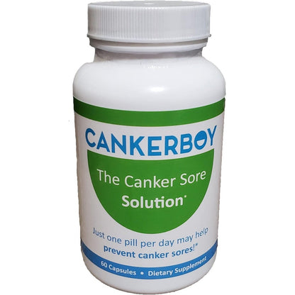 Cankerboy Canker Sore Solution sixty count bottle front view for oral ulcer prevention
