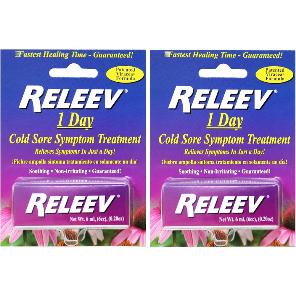 RELEEV 1 Day Cold Sore Symptom Treatment pack of two front view showing formula details.