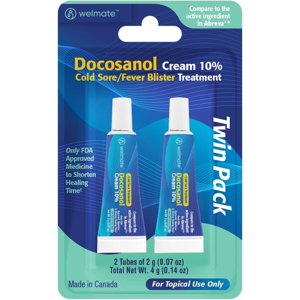 WELMATE Docosanol Cream 10 percent front view pack of two cold sore treatment tubes for lips