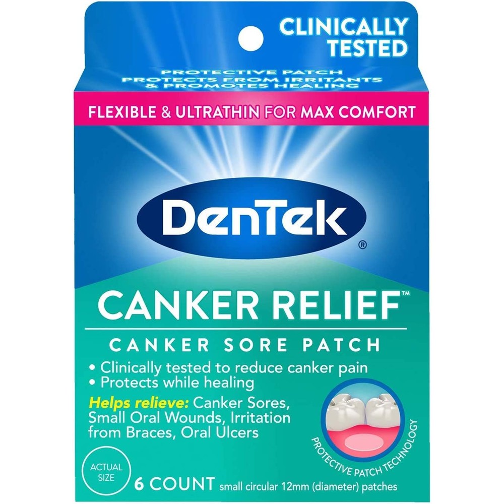 DenTek Canker Relief Canker Sore Patch front view of the six count packaging for mouth ulcer relief