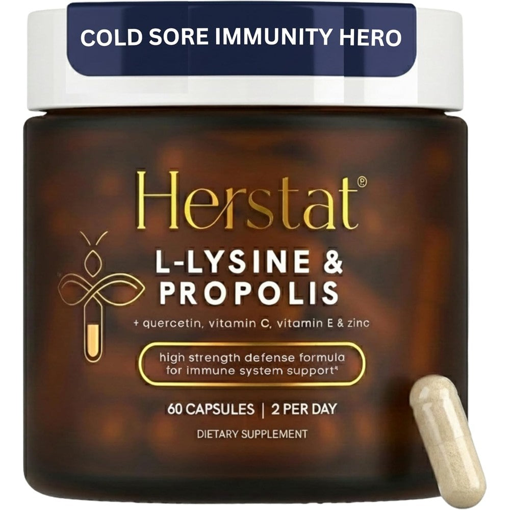 Herstat L-Lysine and Propolis 60 capsules bottle front view showing premium immune and lip health supplement labels.