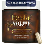 Herstat L-Lysine and Propolis 60 capsules bottle front view showing premium immune and lip health supplement labels.