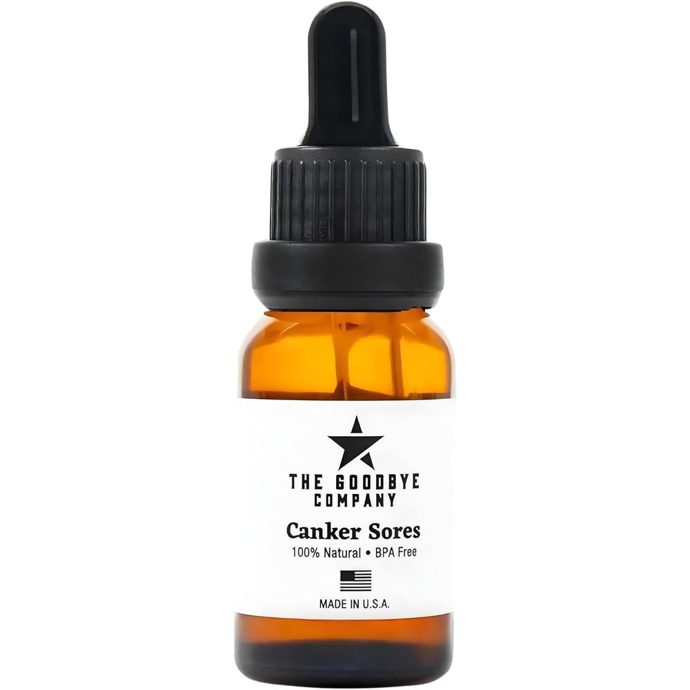 The Goodbye Company Organic Canker Sore Relief Serum front view of amber dropper bottle for mouth ulcer pain relief.