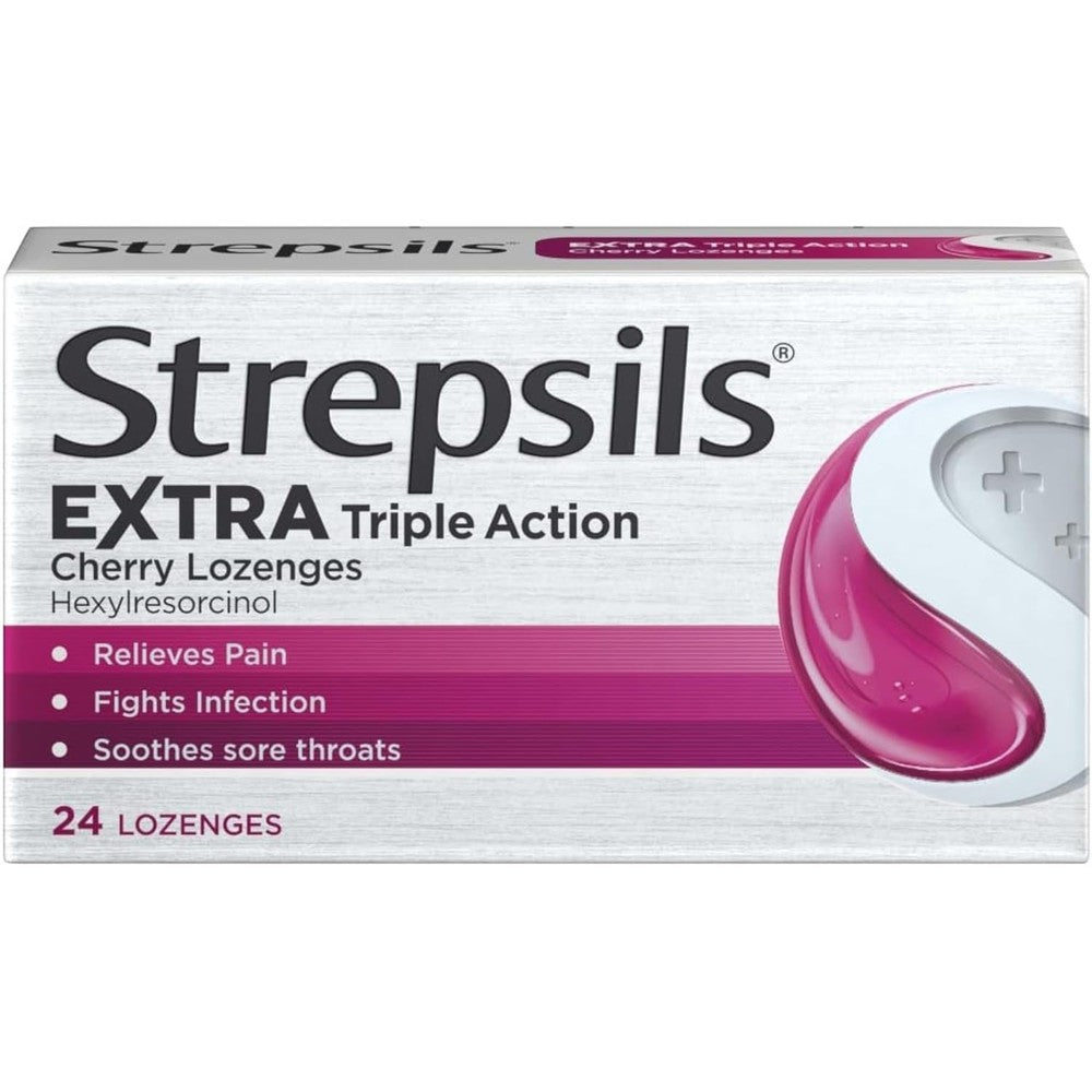 Strepsils Extra Triple Action Cherry Lozenges front packaging for medicated sore throat relief.