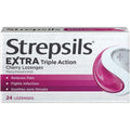 Strepsils Extra Triple Action Cherry Lozenges front packaging for medicated sore throat relief.