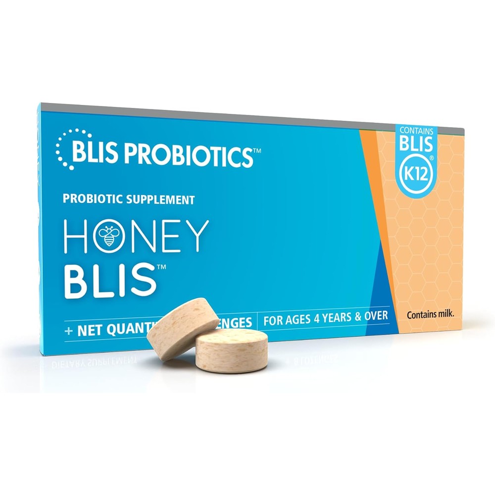 BLIS Technologies HoneyBlis Oral Probiotic Throat Lozenges front view packaging showing 16 lozenges count